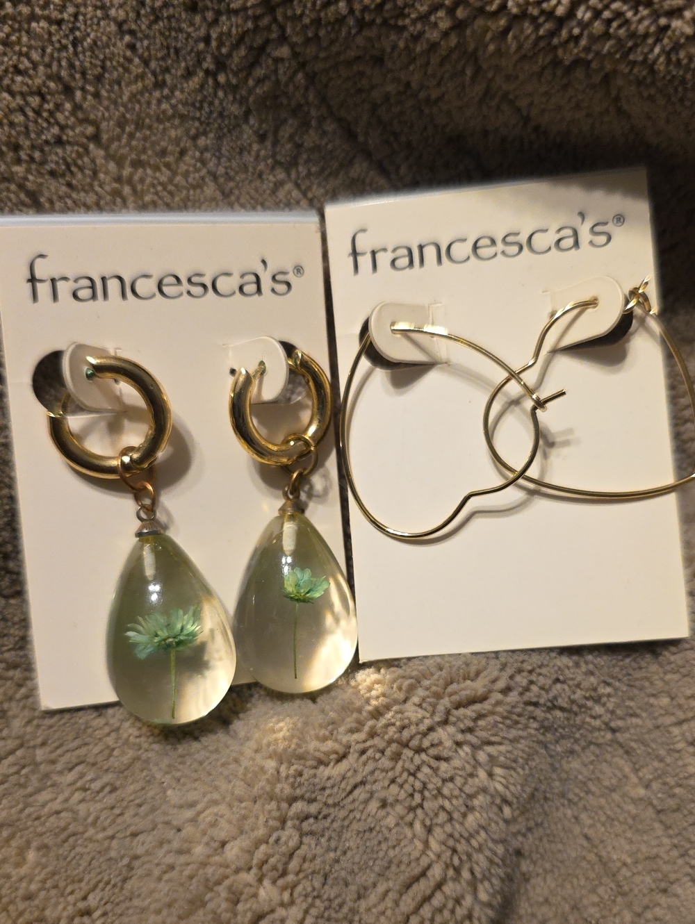Francesca's Collections Gold Hoop Earrings with Green Floral Teardrops